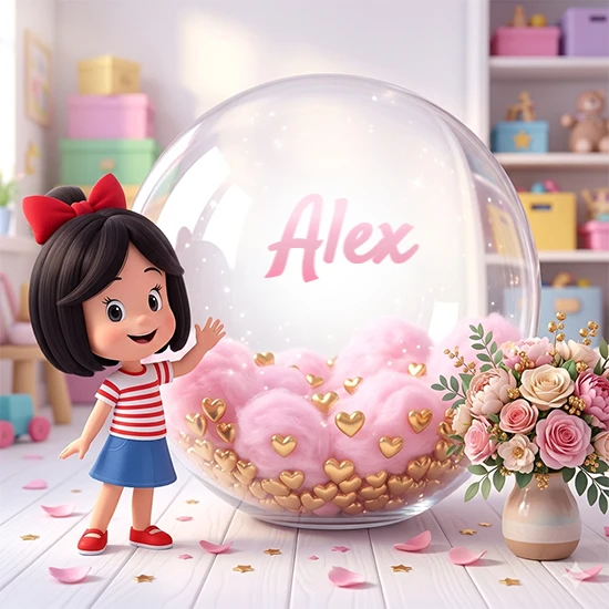 Niña pequeña con cabello negro corto, corbata roja, camisa a rayas rojas y blancas, y falda azul. Saluda sonriente junto a una gran bola de cristal llena de nubes de algodón rosa y corazones dorados. Texto elegante rosa con el nombre Alex.