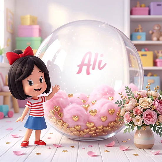 Niña pequeña con cabello negro corto, corbata roja, camisa a rayas rojas y blancas, y falda azul. Saluda sonriente junto a una gran bola de cristal llena de nubes de algodón rosa y corazones dorados. Texto elegante rosa con el nombre Ali.