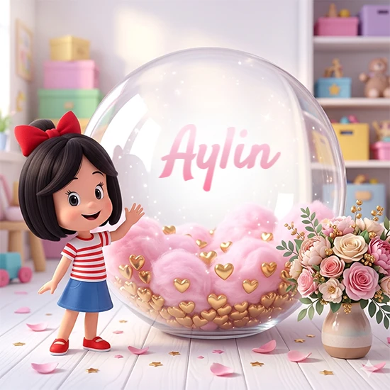 Niña pequeña con cabello negro corto, corbata roja, camisa a rayas rojas y blancas, y falda azul. Saluda sonriente junto a una gran bola de cristal llena de nubes de algodón rosa y corazones dorados. Texto elegante rosa con el nombre Aylin.