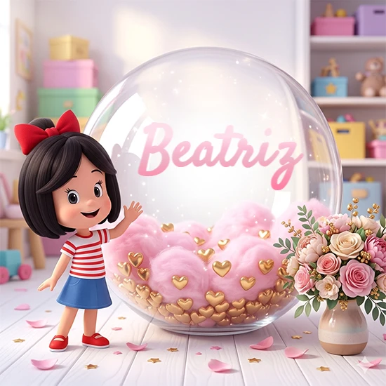 Niña pequeña con cabello negro corto, corbata roja, camisa a rayas rojas y blancas, y falda azul. Saluda sonriente junto a una gran bola de cristal llena de nubes de algodón rosa y corazones dorados. Texto elegante rosa con el nombre Beatriz.