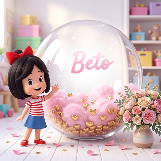 Niña pequeña con cabello negro corto, corbata roja, camisa a rayas rojas y blancas, y falda azul. Saluda sonriente junto a una gran bola de cristal llena de nubes de algodón rosa y corazones dorados. Texto elegante rosa con el nombre Beto.