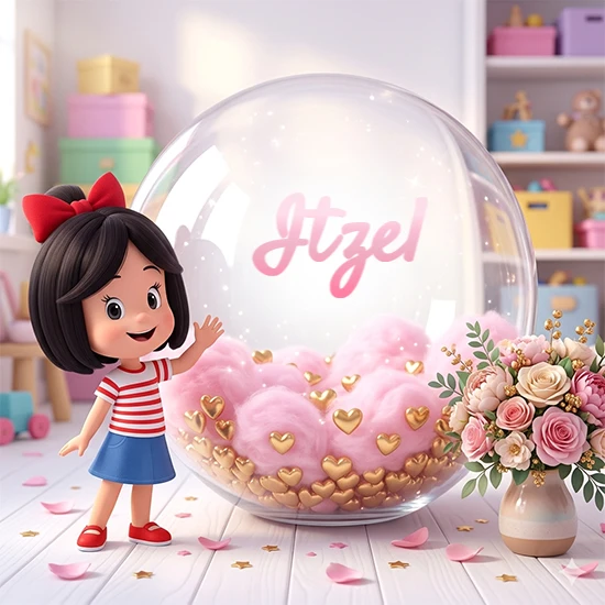 Niña pequeña con cabello negro corto, corbata roja, camisa a rayas rojas y blancas, y falda azul. Saluda sonriente junto a una gran bola de cristal llena de nubes de algodón rosa y corazones dorados. Texto elegante rosa con el nombre Itzel.