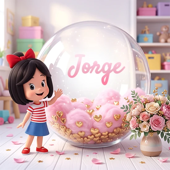 Niña pequeña con cabello negro corto, corbata roja, camisa a rayas rojas y blancas, y falda azul. Saluda sonriente junto a una gran bola de cristal llena de nubes de algodón rosa y corazones dorados. Texto elegante rosa con el nombre Jorge.