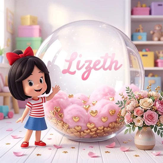 Niña pequeña con cabello negro corto, corbata roja, camisa a rayas rojas y blancas, y falda azul. Saluda sonriente junto a una gran bola de cristal llena de nubes de algodón rosa y corazones dorados. Texto elegante rosa con el nombre Lizeth.