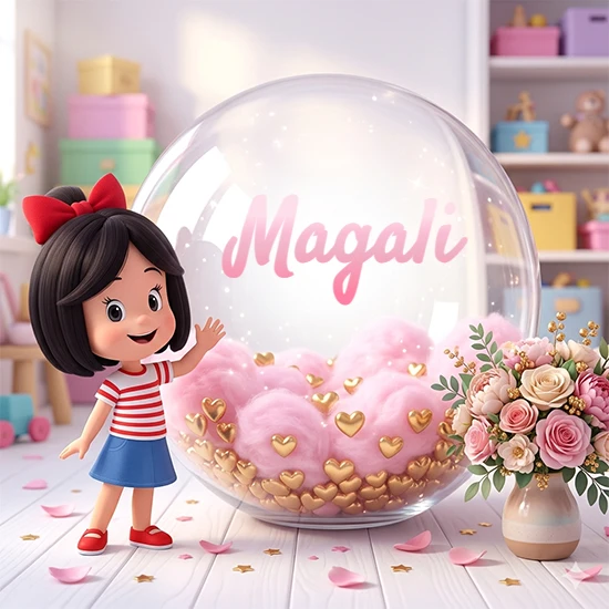 Niña pequeña con cabello negro corto, corbata roja, camisa a rayas rojas y blancas, y falda azul. Saluda sonriente junto a una gran bola de cristal llena de nubes de algodón rosa y corazones dorados. Texto elegante rosa con el nombre Magali.