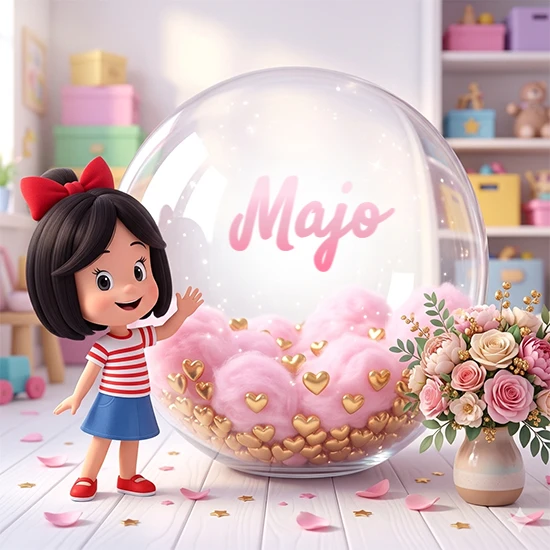 Niña pequeña con cabello negro corto, corbata roja, camisa a rayas rojas y blancas, y falda azul. Saluda sonriente junto a una gran bola de cristal llena de nubes de algodón rosa y corazones dorados. Texto elegante rosa con el nombre Majo. Niña pequeña con cabello negro corto, corbata roja, camisa a rayas rojas y blancas, y falda azul. Saluda sonriente junto a una gran bola de cristal llena de nubes de algodón rosa y corazones dorados. Texto elegante rosa con el nombre Majo.
