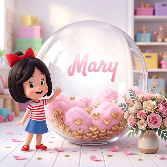 Niña pequeña con cabello negro corto, corbata roja, camisa a rayas rojas y blancas, y falda azul. Saluda sonriente junto a una gran bola de cristal llena de nubes de algodón rosa y corazones dorados. Texto elegante rosa con el nombre Mary.