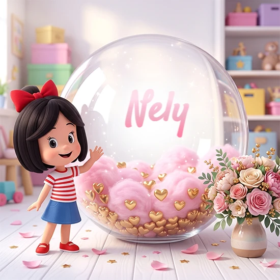 Niña pequeña con cabello negro corto, corbata roja, camisa a rayas rojas y blancas, y falda azul. Saluda sonriente junto a una gran bola de cristal llena de nubes de algodón rosa y corazones dorados. Texto elegante rosa con el nombre Nely.