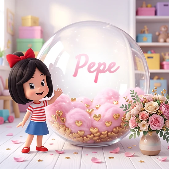 Niña pequeña con cabello negro corto, corbata roja, camisa a rayas rojas y blancas, y falda azul. Saluda sonriente junto a una gran bola de cristal llena de nubes de algodón rosa y corazones dorados. Texto elegante rosa con el nombre Pepe.