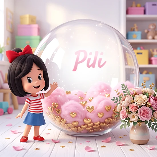 Niña pequeña con cabello negro corto, corbata roja, camisa a rayas rojas y blancas, y falda azul. Saluda sonriente junto a una gran bola de cristal llena de nubes de algodón rosa y corazones dorados. Texto elegante rosa con el nombre Pili.
