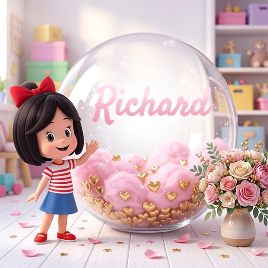 Niña pequeña con cabello negro corto, corbata roja, camisa a rayas rojas y blancas, y falda azul. Saluda sonriente junto a una gran bola de cristal llena de nubes de algodón rosa y corazones dorados. Texto elegante rosa con el nombre Richard.