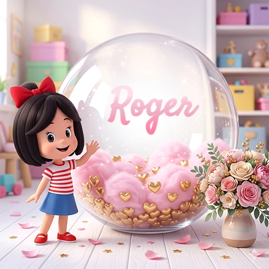 Niña pequeña con cabello negro corto, corbata roja, camisa a rayas rojas y blancas, y falda azul. Saluda sonriente junto a una gran bola de cristal llena de nubes de algodón rosa y corazones dorados. Texto elegante rosa con el nombre Roger.