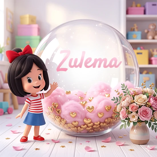 Niña pequeña con cabello negro corto, corbata roja, camisa a rayas rojas y blancas, y falda azul. Saluda sonriente junto a una gran bola de cristal llena de nubes de algodón rosa y corazones dorados. Texto elegante rosa con el nombre Zulema.