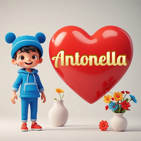 Niño pequeño sonriente con chándal azul y gorro azul con dos pompones esponjosos. Junto a un gran corazón rojo brillante flotante. Texto dorado clásico y encantador con el nombre Antonella. Niño pequeño sonriente con chándal azul y gorro azul con dos pompones esponjosos. Junto a un gran corazón rojo brillante flotante. Texto dorado clásico y encantador con el nombre Antonella.