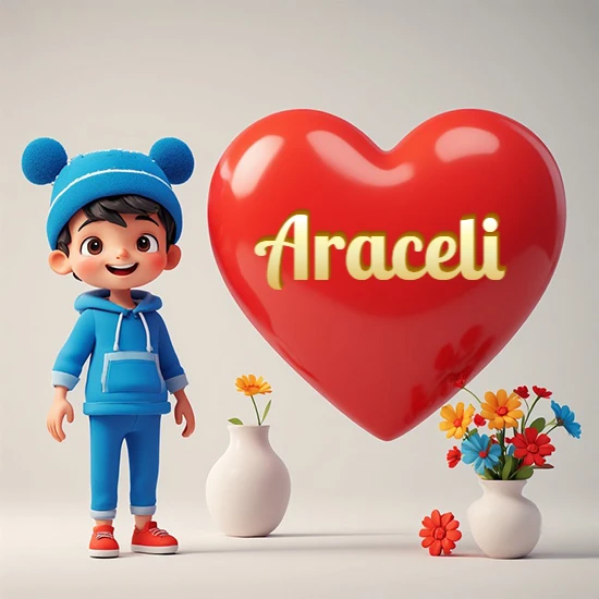 Niño pequeño sonriente con chándal azul y gorro azul con dos pompones esponjosos. Junto a un gran corazón rojo brillante flotante. Texto dorado clásico y encantador con el nombre Araceli.