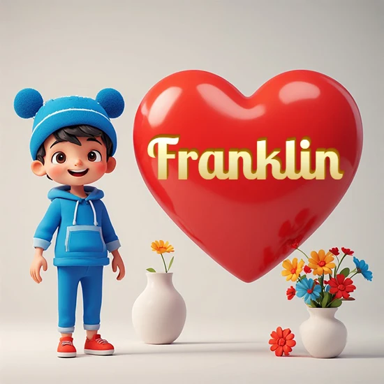 Niño pequeño sonriente con chándal azul y gorro azul con dos pompones esponjosos. Junto a un gran corazón rojo brillante flotante. Texto dorado clásico y encantador con el nombre Franklin.