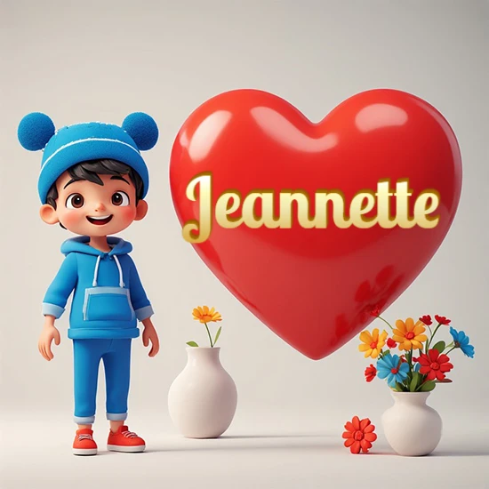 Niño pequeño sonriente con chándal azul y gorro azul con dos pompones esponjosos. Junto a un gran corazón rojo brillante flotante. Texto dorado clásico y encantador con el nombre Jeannette.