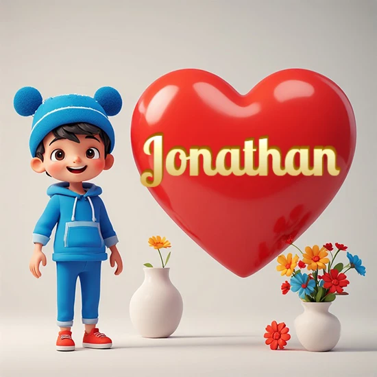 Niño pequeño sonriente con chándal azul y gorro azul con dos pompones esponjosos. Junto a un gran corazón rojo brillante flotante. Texto dorado clásico y encantador con el nombre Jonathan.