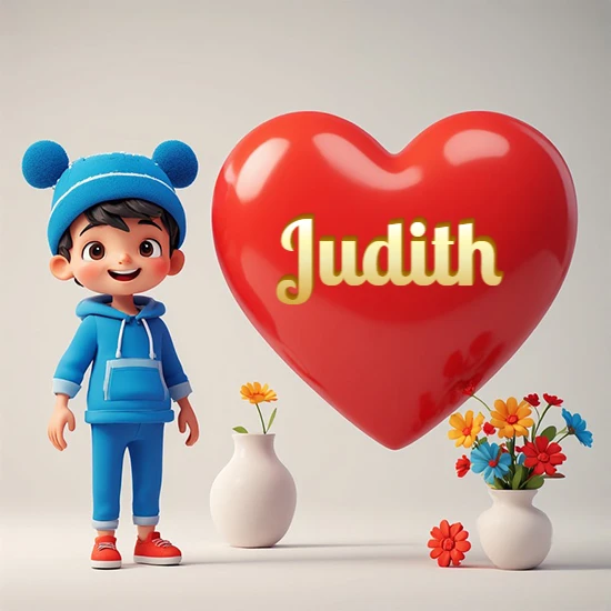 Niño pequeño sonriente con chándal azul y gorro azul con dos pompones esponjosos. Junto a un gran corazón rojo brillante flotante. Texto dorado clásico y encantador con el nombre Judith.