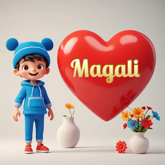 Niño pequeño sonriente con chándal azul y gorro azul con dos pompones esponjosos. Junto a un gran corazón rojo brillante flotante. Texto dorado clásico y encantador con el nombre Magali.