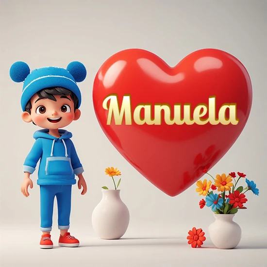 Niño pequeño sonriente con chándal azul y gorro azul con dos pompones esponjosos. Junto a un gran corazón rojo brillante flotante. Texto dorado clásico y encantador con el nombre Manuela.