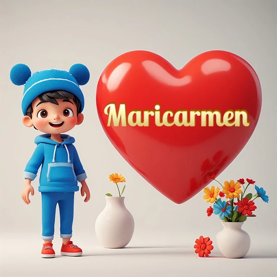 Niño pequeño sonriente con chándal azul y gorro azul con dos pompones esponjosos. Junto a un gran corazón rojo brillante flotante. Texto dorado clásico y encantador con el nombre Maricarmen.