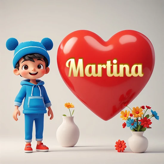 Niño pequeño sonriente con chándal azul y gorro azul con dos pompones esponjosos. Junto a un gran corazón rojo brillante flotante. Texto dorado clásico y encantador con el nombre Martina.