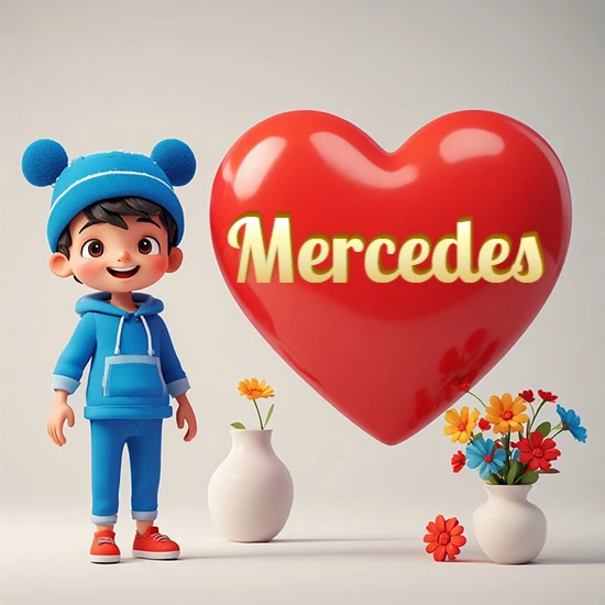 Niño pequeño sonriente con chándal azul y gorro azul con dos pompones esponjosos. Junto a un gran corazón rojo brillante flotante. Texto dorado clásico y encantador con el nombre Mercedes.
