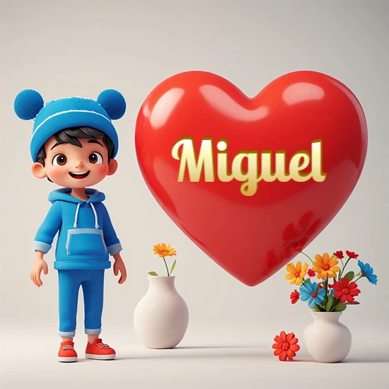 Niño pequeño sonriente con chándal azul y gorro azul con dos pompones esponjosos. Junto a un gran corazón rojo brillante flotante. Texto dorado clásico y encantador con el nombre Miguel.