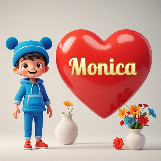 Niño pequeño sonriente con chándal azul y gorro azul con dos pompones esponjosos. Junto a un gran corazón rojo brillante flotante. Texto dorado clásico y encantador con el nombre Monica.