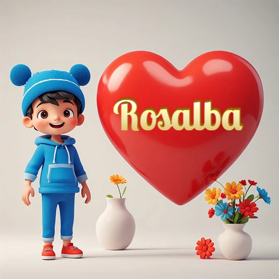 Niño pequeño sonriente con chándal azul y gorro azul con dos pompones esponjosos. Junto a un gran corazón rojo brillante flotante. Texto dorado clásico y encantador con el nombre Rosalba. Niño pequeño sonriente con chándal azul y gorro azul con dos pompones esponjosos. Junto a un gran corazón rojo brillante flotante. Texto dorado clásico y encantador con el nombre Rosalba.