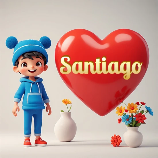 Niño pequeño sonriente con chándal azul y gorro azul con dos pompones esponjosos. Junto a un gran corazón rojo brillante flotante. Texto dorado clásico y encantador con el nombre Santiago. Niño pequeño sonriente con chándal azul y gorro azul con dos pompones esponjosos. Junto a un gran corazón rojo brillante flotante. Texto dorado clásico y encantador con el nombre Santiago.