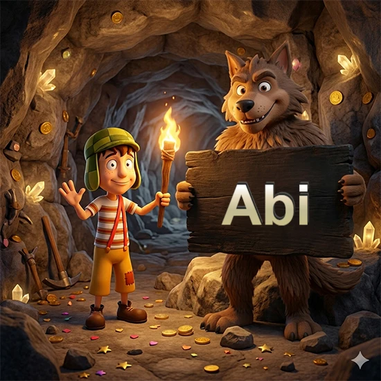 Cueva con monedas de oro y cristales brillantes. Niño de dibujos animados con sombrero verde y camisa a rayas con una antorcha encendida. Lobo grande sonriente con cartel de madera oscura mostrando el nombre Abi en blanco.