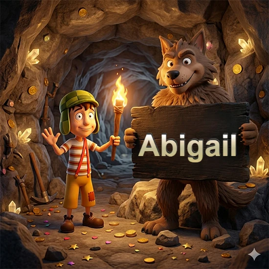 Cueva con monedas de oro y cristales brillantes. Niño de dibujos animados con sombrero verde y camisa a rayas con una antorcha encendida. Lobo grande sonriente con cartel de madera oscura mostrando el nombre Abigail en blanco. Cueva con monedas de oro y cristales brillantes. Niño de dibujos animados con sombrero verde y camisa a rayas con una antorcha encendida. Lobo grande sonriente con cartel de madera oscura mostrando el nombre Abigail en blanco.