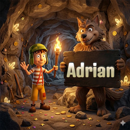 Cueva con monedas de oro y cristales brillantes. Niño de dibujos animados con sombrero verde y camisa a rayas con una antorcha encendida. Lobo grande sonriente con cartel de madera oscura mostrando el nombre Adrian en blanco. Cueva con monedas de oro y cristales brillantes. Niño de dibujos animados con sombrero verde y camisa a rayas con una antorcha encendida. Lobo grande sonriente con cartel de madera oscura mostrando el nombre Adrian en blanco.