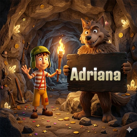 Cueva con monedas de oro y cristales brillantes. Niño de dibujos animados con sombrero verde y camisa a rayas con una antorcha encendida. Lobo grande sonriente con cartel de madera oscura mostrando el nombre Adriana en blanco.