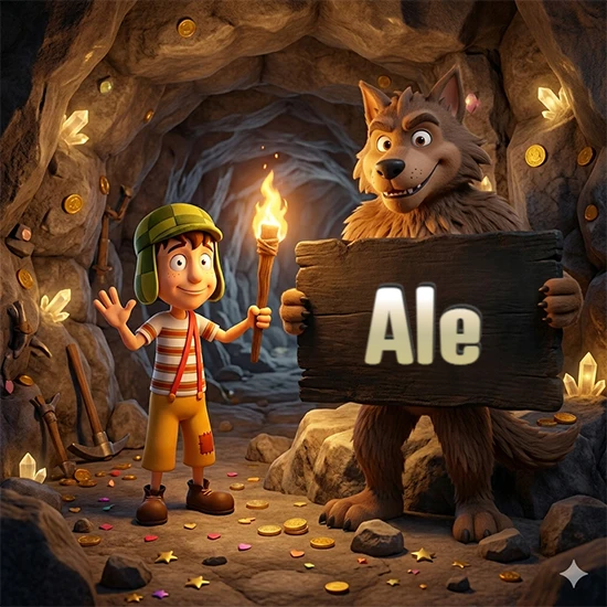 Cueva con monedas de oro y cristales brillantes. Niño de dibujos animados con sombrero verde y camisa a rayas con una antorcha encendida. Lobo grande sonriente con cartel de madera oscura mostrando el nombre Ale en blanco.