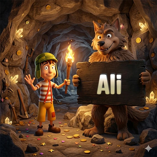 Cueva con monedas de oro y cristales brillantes. Niño de dibujos animados con sombrero verde y camisa a rayas con una antorcha encendida. Lobo grande sonriente con cartel de madera oscura mostrando el nombre Ali en blanco.