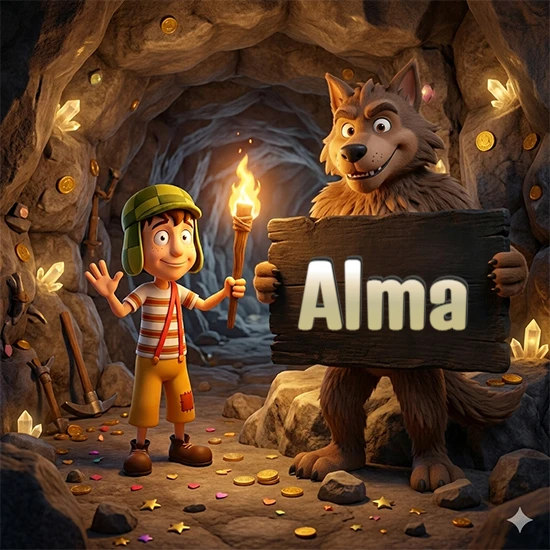 Cueva con monedas de oro y cristales brillantes. Niño de dibujos animados con sombrero verde y camisa a rayas con una antorcha encendida. Lobo grande sonriente con cartel de madera oscura mostrando el nombre Alma en blanco.