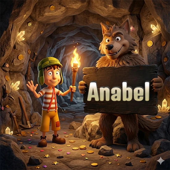 Cueva con monedas de oro y cristales brillantes. Niño de dibujos animados con sombrero verde y camisa a rayas con una antorcha encendida. Lobo grande sonriente con cartel de madera oscura mostrando el nombre Anabel en blanco.