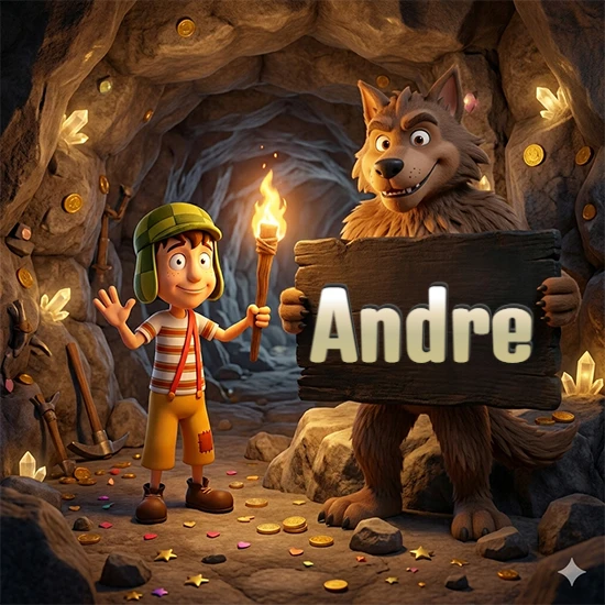 Cueva con monedas de oro y cristales brillantes. Niño de dibujos animados con sombrero verde y camisa a rayas con una antorcha encendida. Lobo grande sonriente con cartel de madera oscura mostrando el nombre Andre en blanco.