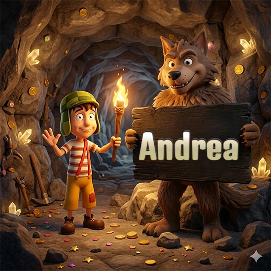 Cueva con monedas de oro y cristales brillantes. Niño de dibujos animados con sombrero verde y camisa a rayas con una antorcha encendida. Lobo grande sonriente con cartel de madera oscura mostrando el nombre Andrea en blanco.