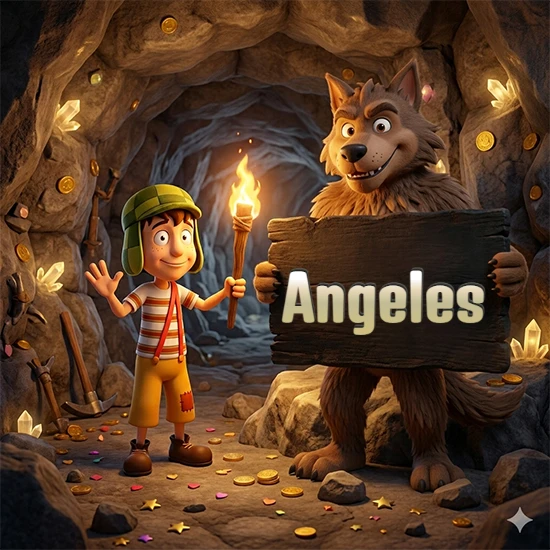 Cueva con monedas de oro y cristales brillantes. Niño de dibujos animados con sombrero verde y camisa a rayas con una antorcha encendida. Lobo grande sonriente con cartel de madera oscura mostrando el nombre Angeles en blanco.