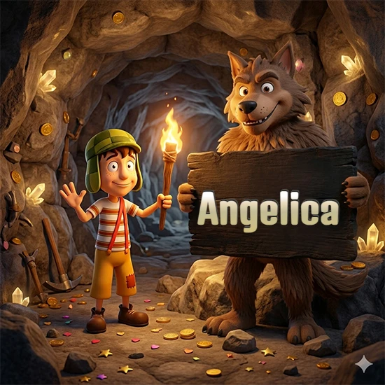 Cueva con monedas de oro y cristales brillantes. Niño de dibujos animados con sombrero verde y camisa a rayas con una antorcha encendida. Lobo grande sonriente con cartel de madera oscura mostrando el nombre Angelica en blanco.