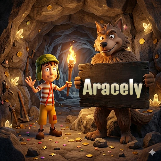 Cueva con monedas de oro y cristales brillantes. Niño de dibujos animados con sombrero verde y camisa a rayas con una antorcha encendida. Lobo grande sonriente con cartel de madera oscura mostrando el nombre Aracely en blanco.