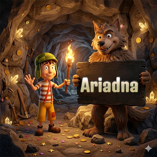 Cueva con monedas de oro y cristales brillantes. Niño de dibujos animados con sombrero verde y camisa a rayas con una antorcha encendida. Lobo grande sonriente con cartel de madera oscura mostrando el nombre Ariadna en blanco.