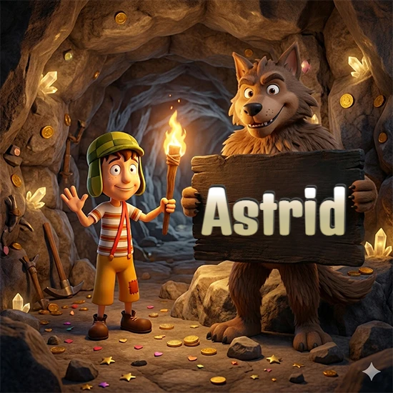 Cueva con monedas de oro y cristales brillantes. Niño de dibujos animados con sombrero verde y camisa a rayas con una antorcha encendida. Lobo grande sonriente con cartel de madera oscura mostrando el nombre Astrid en blanco.