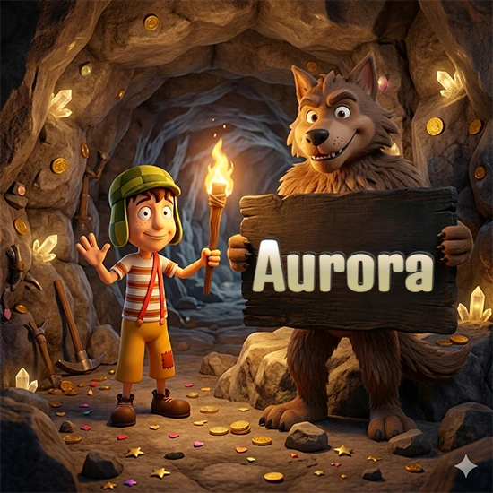 Cueva con monedas de oro y cristales brillantes. Niño de dibujos animados con sombrero verde y camisa a rayas con una antorcha encendida. Lobo grande sonriente con cartel de madera oscura mostrando el nombre Aurora en blanco.