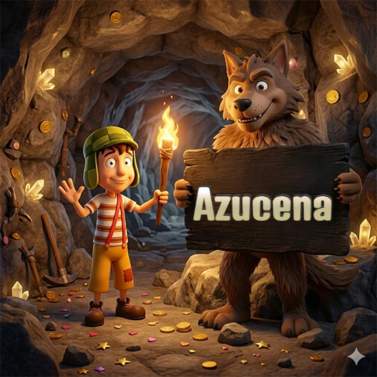Cueva con monedas de oro y cristales brillantes. Niño de dibujos animados con sombrero verde y camisa a rayas con una antorcha encendida. Lobo grande sonriente con cartel de madera oscura mostrando el nombre Azucena en blanco.