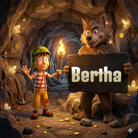 Cueva con monedas de oro y cristales brillantes. Niño de dibujos animados con sombrero verde y camisa a rayas con una antorcha encendida. Lobo grande sonriente con cartel de madera oscura mostrando el nombre Bertha en blanco.